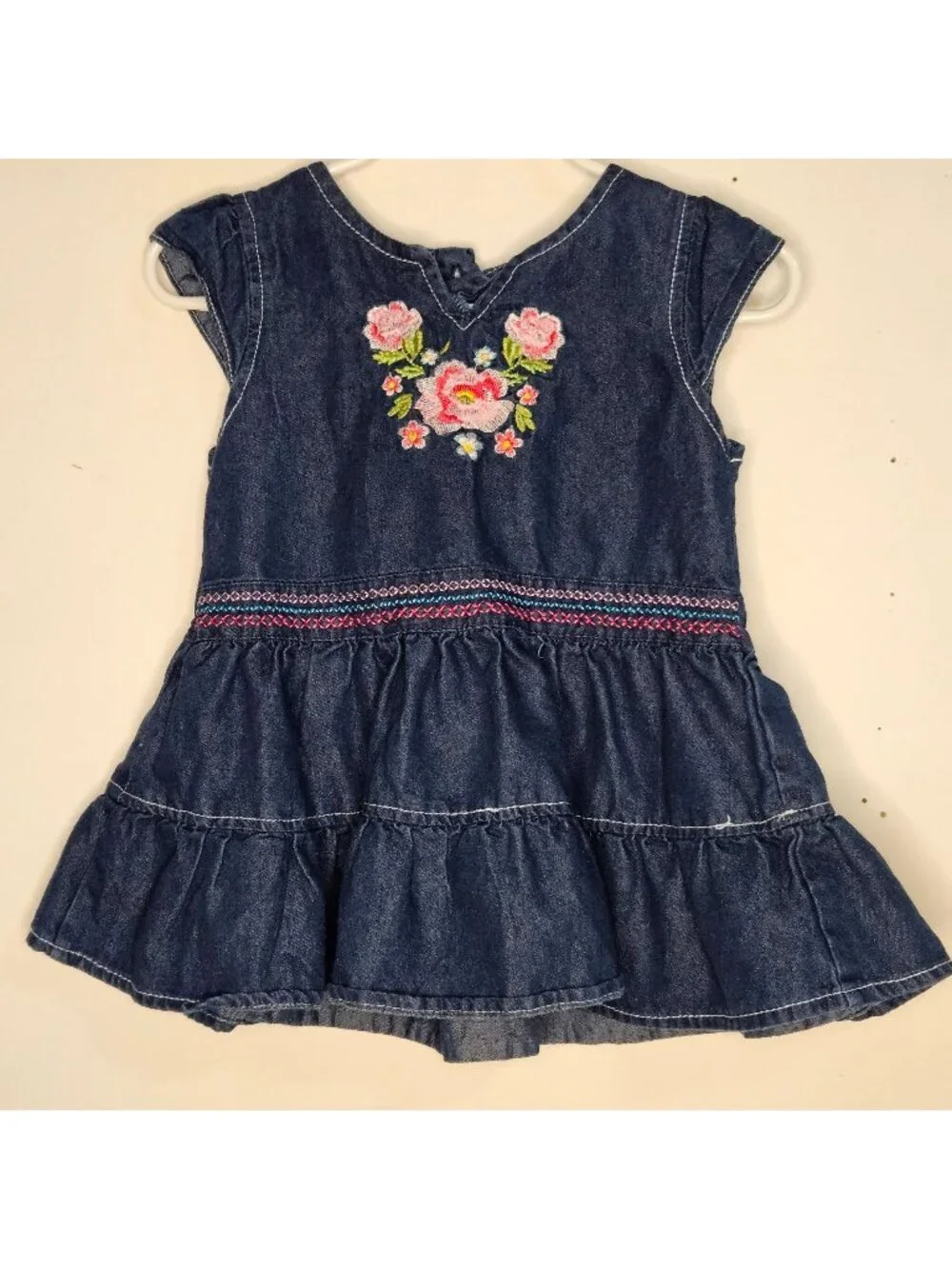Denim Tiered Dress With Floral Embroidery & Button Closure - Toddler Girls